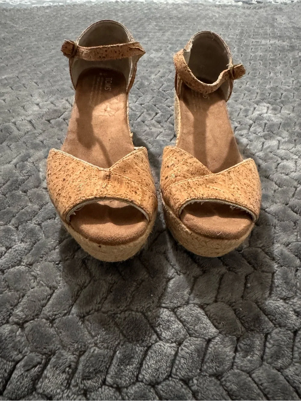 TOMS Cork Wedge Sandals in Tan with Ankle Strap